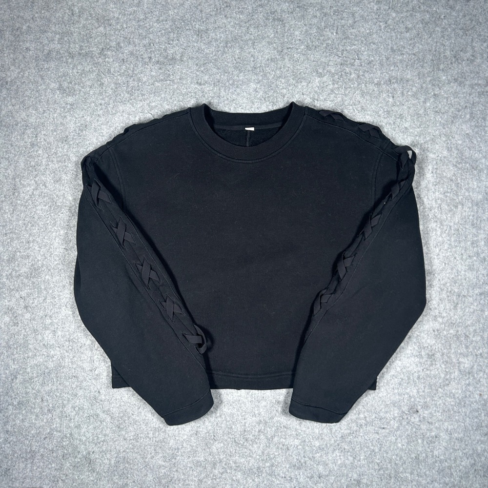Lululemon Sweatshirt Womens 6 Black Lace Up Sleeve Pullover Crewneck Cropped